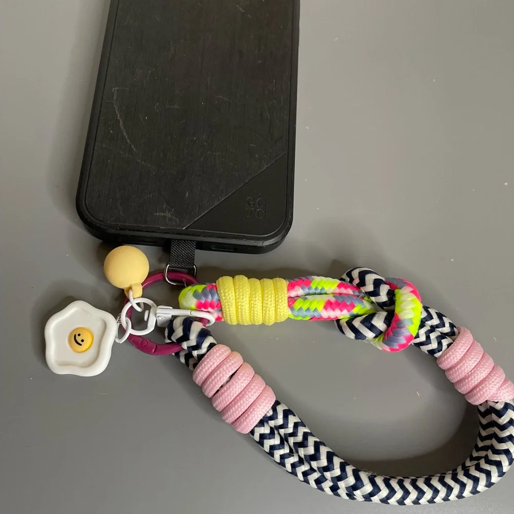 Multicolor Braided Phone Wrist Lanyard with Pink and Yellow Accents